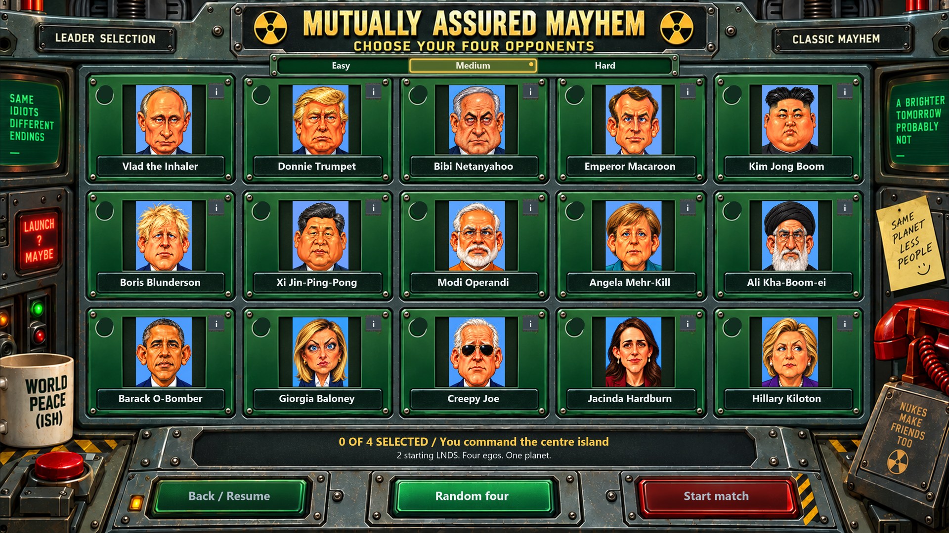 The opponent picker with fifteen caricature leaders and three difficulty settings.