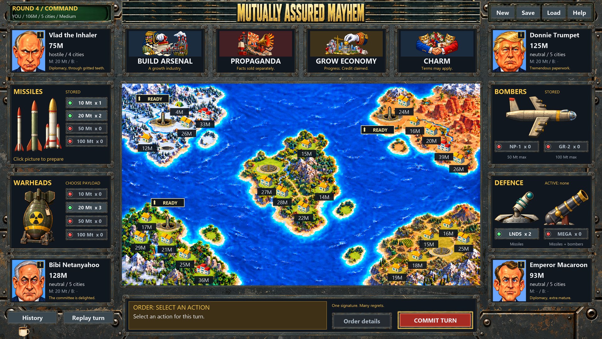 The metal command center surrounds the island map, inventories and four civic actions.