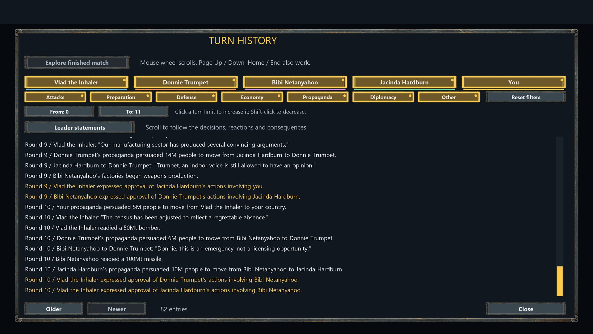 Turn history includes the leaders’ reactions and events.