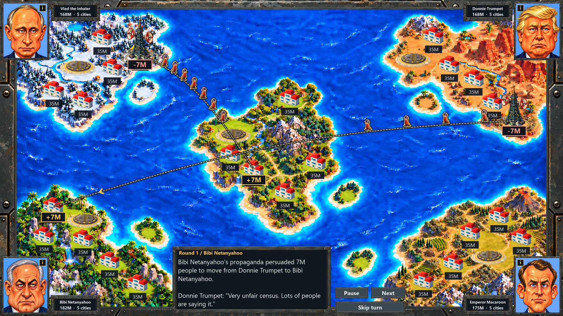 Population transfers cross the map during propaganda playback.